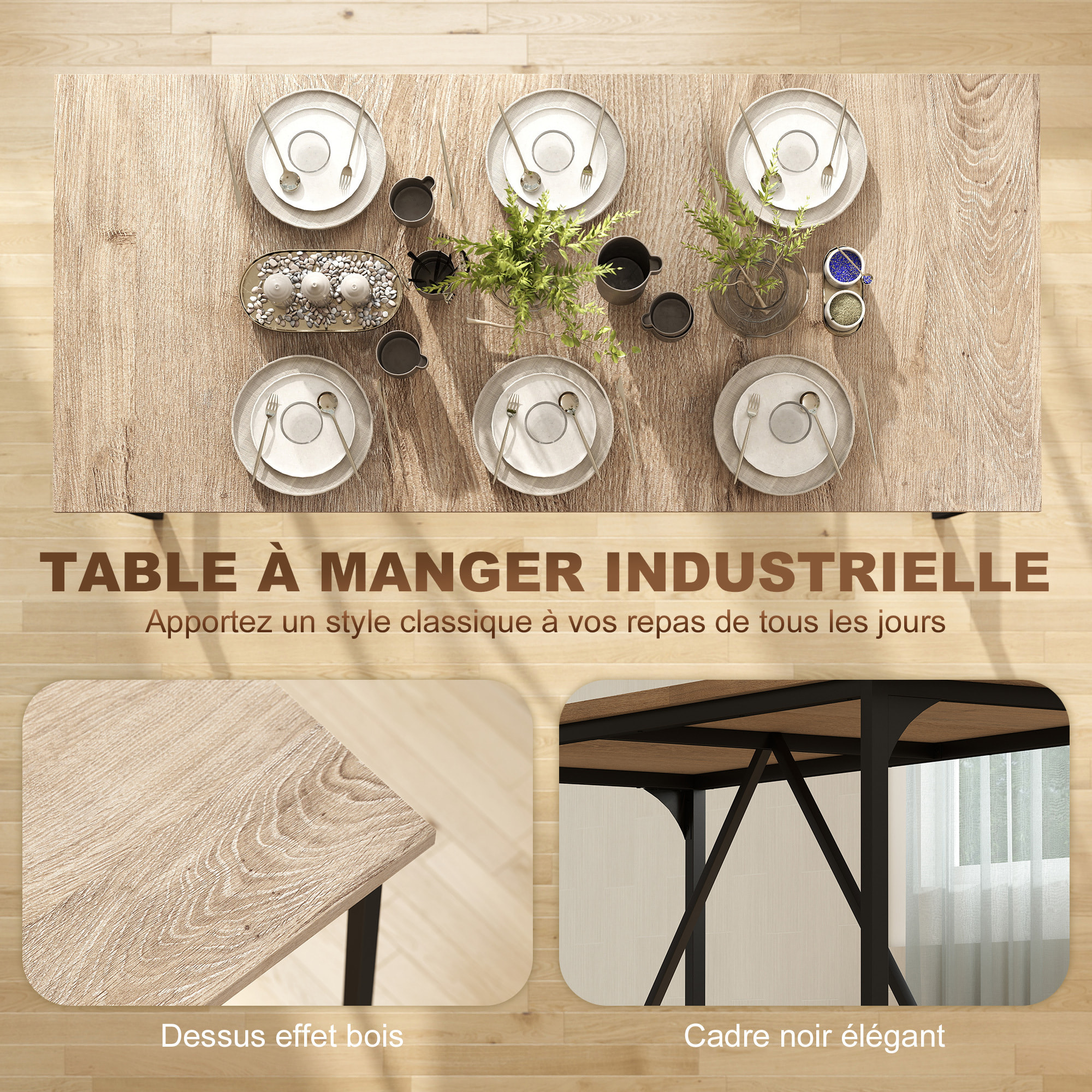 Table à manger style industriel 6-8 personnes dim. 180x80x75cm métal noir effet chêne clair