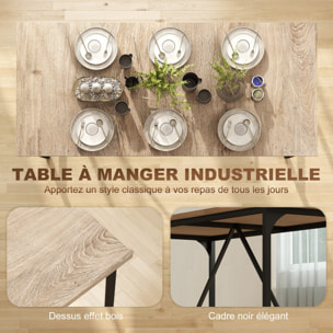 Table à manger style industriel 6-8 personnes dim. 180x80x75cm métal noir effet chêne clair