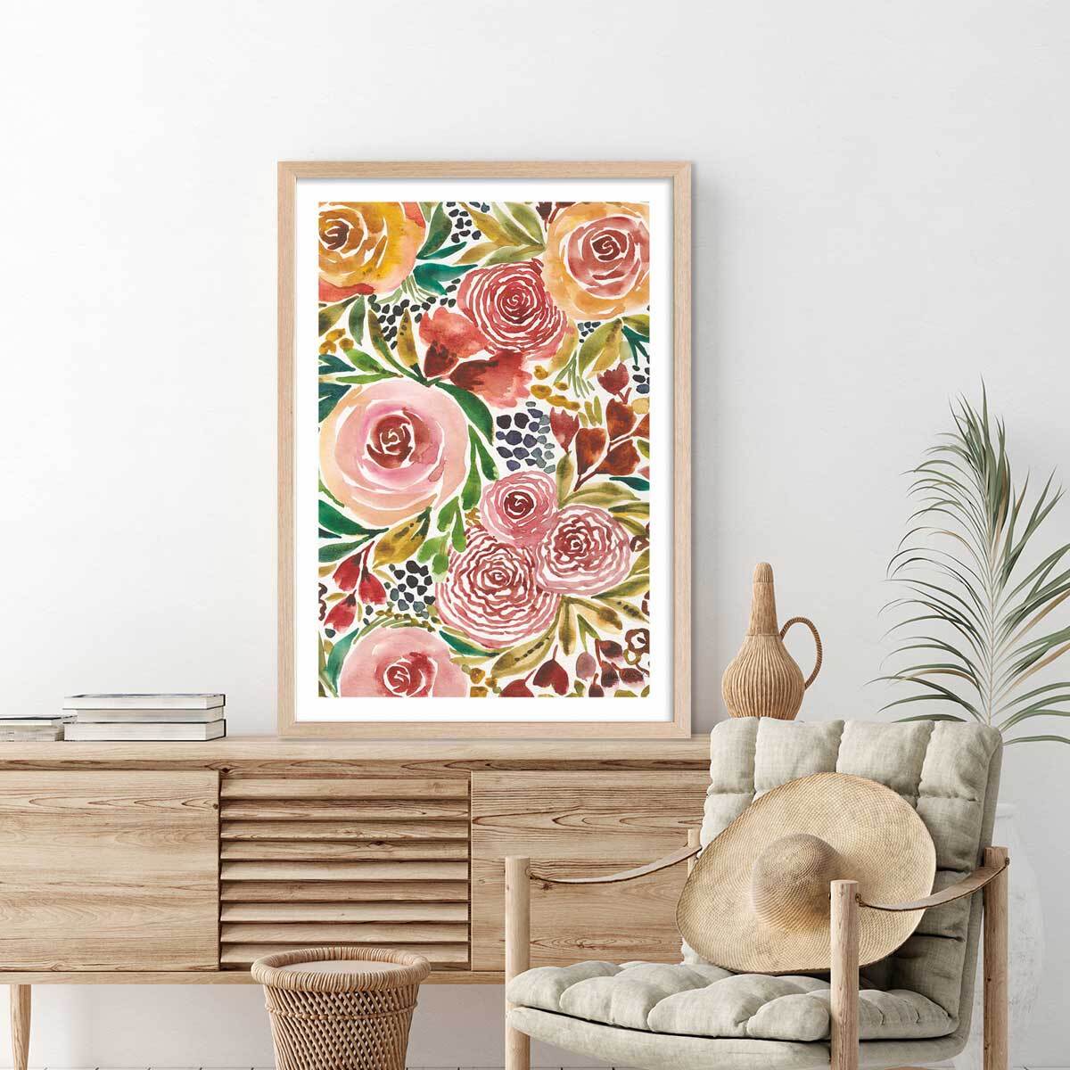 Poster roses envoutantes Affiche + cadre en bois - Chêne