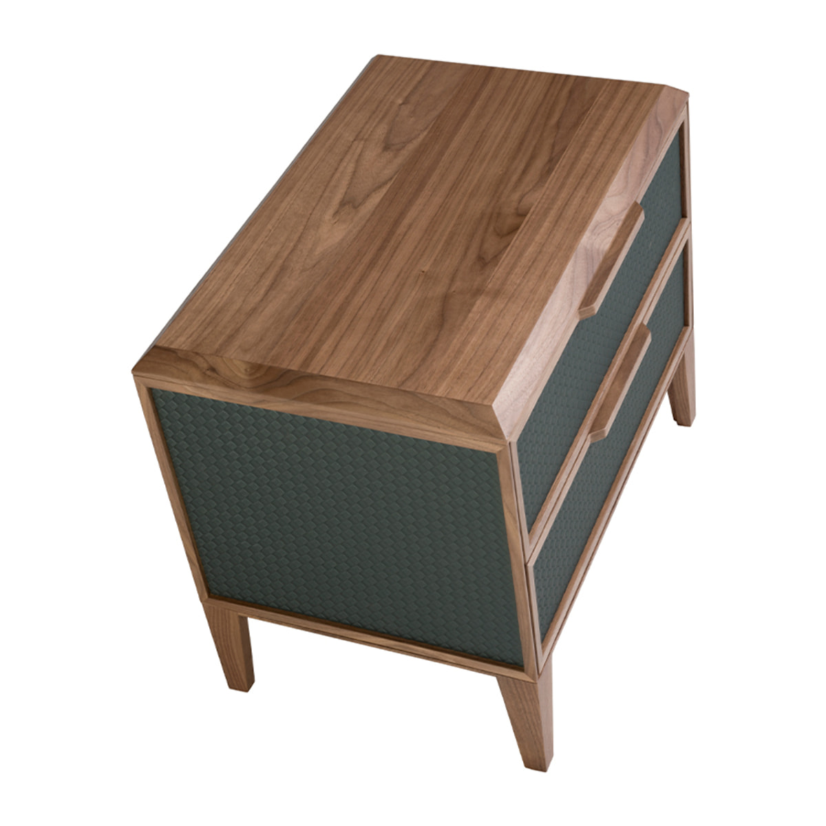 Mesita de noche Angel Cerdá con estructura de PVC en verde oscuro y patas de madera chapada en nogal natural 60x40x51cm