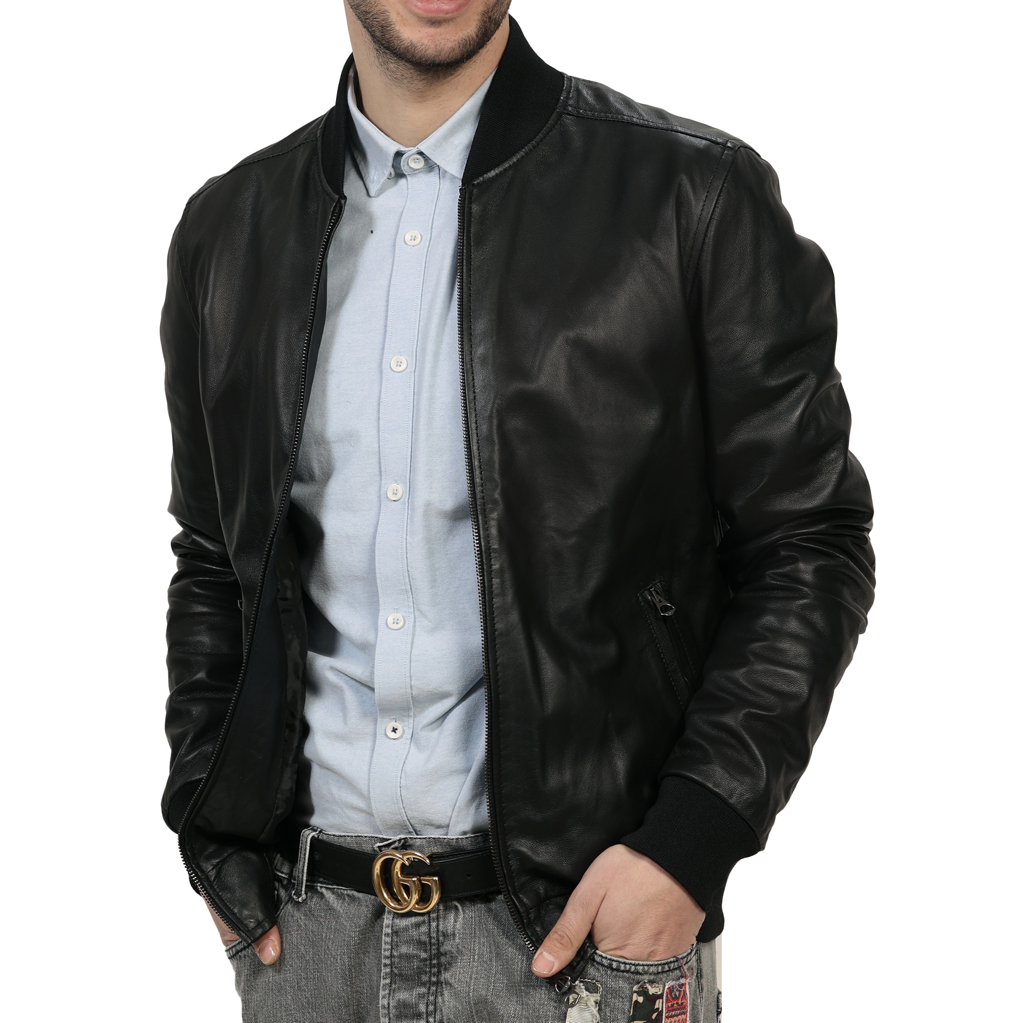 Giubbino in vera pelle di vitello Nero-Slim Fit