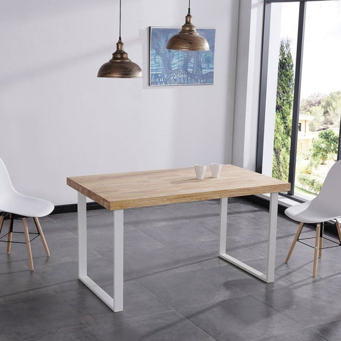 Mesa de comedor de madera de roble salvaje y patas metálicas en blanco 140x80 cm Natural Roble salvaje - Blanco