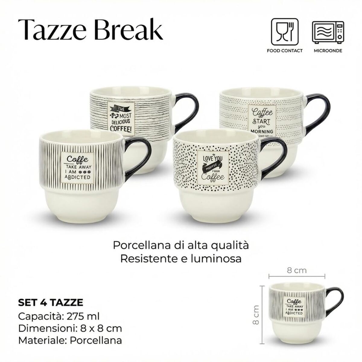 Set 4 Tazze da Caffè con Supporto in metallo, porcellana New Bone China, Manico Ergonomico, Intrecci.