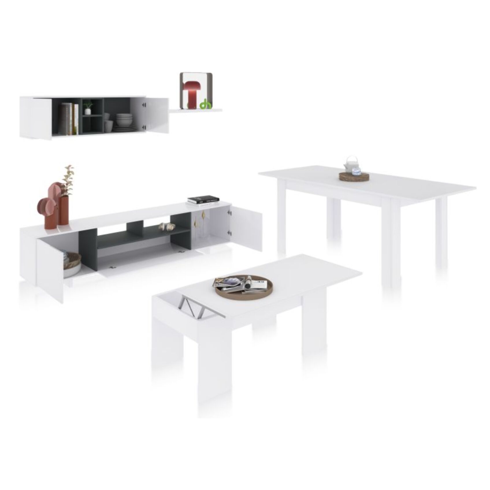 Pack salón con mesa de centro y mesa de comedor Kenzo Max V2B Blanco Brillo - Gris Antracita
