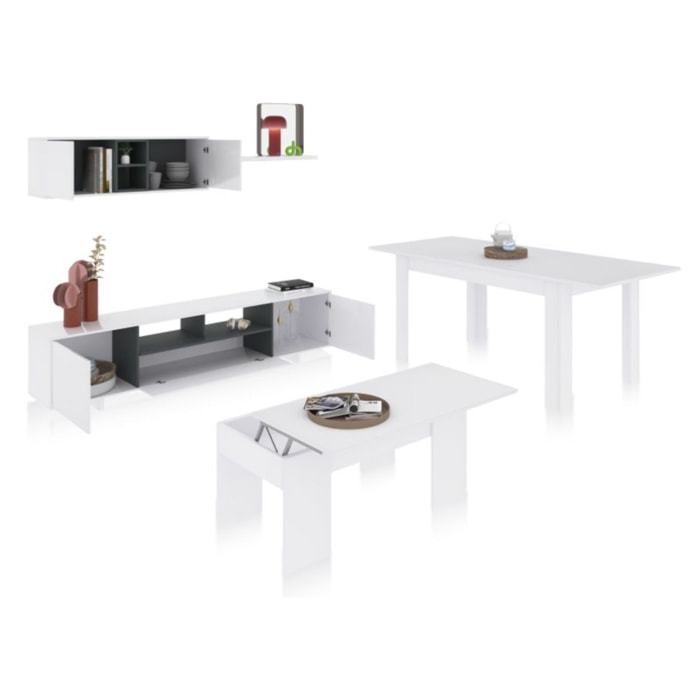 Pack salón con mesa de centro y mesa de comedor Kenzo Max V2B Blanco Brillo - Gris Antracita