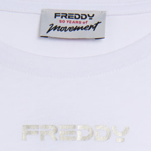 T-shirt con stampa MOV perlata e dettagli a contrasto