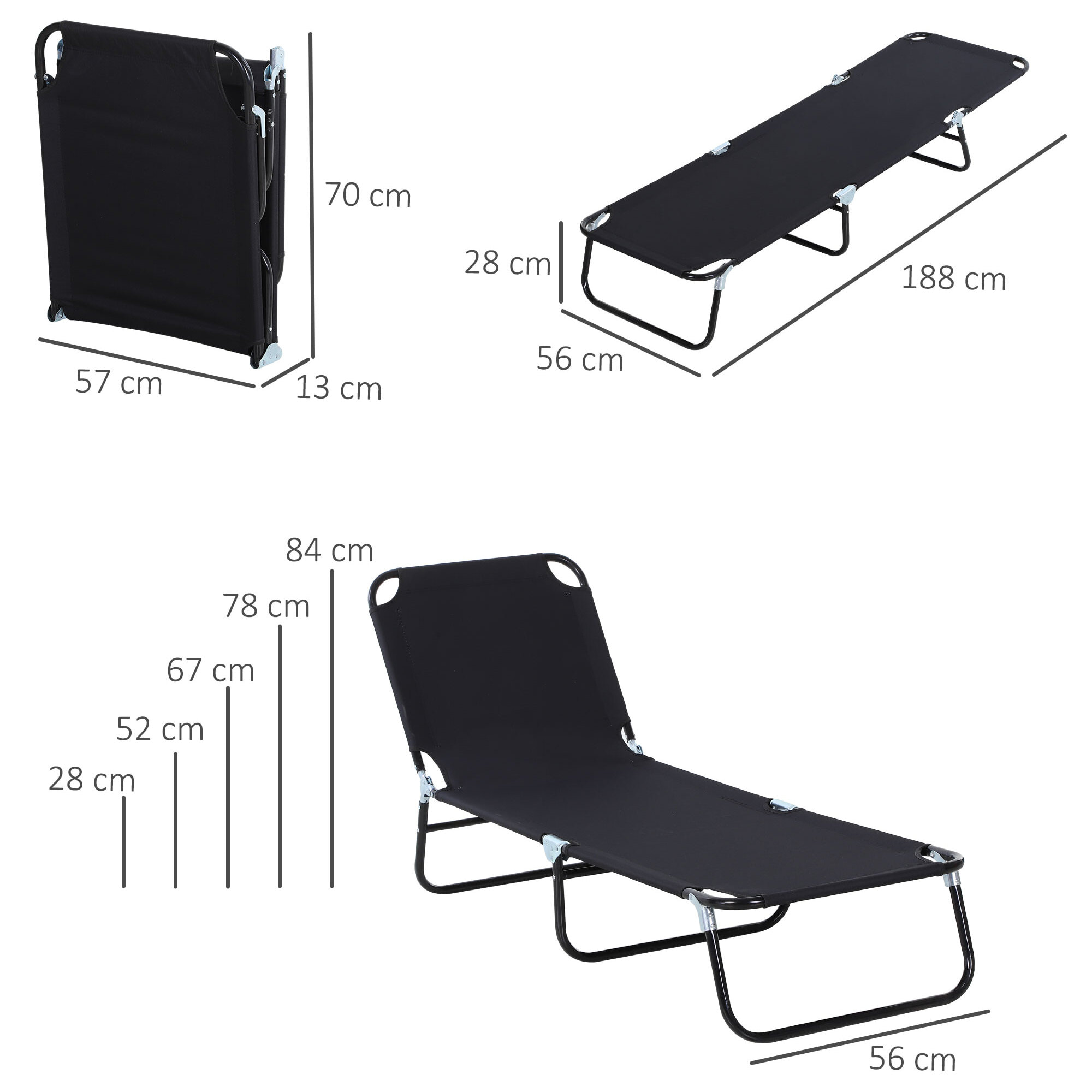 Tumbona Plegable Reclinable con ángulo Ajustable de 5 Posiciones para Jardín Exterior Piscina Terraza Camping Carga 120 kg 188x56x28 cm Negro