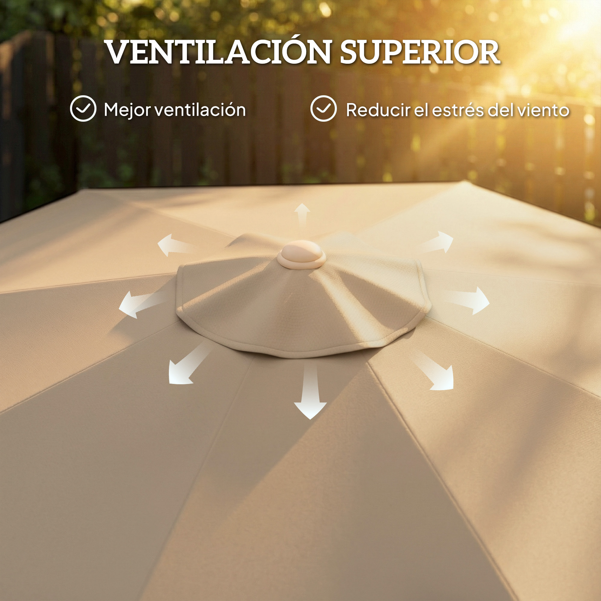 Sombrilla Terraza Exterior, Ø266x238 cm, Sombrilla de Jardín con Ángulo Ajustable 30°, Manivela, Flecos y Ventilación, Impermeable, Parasol para Terraza, Playa, Patio, Balcón, Caqui