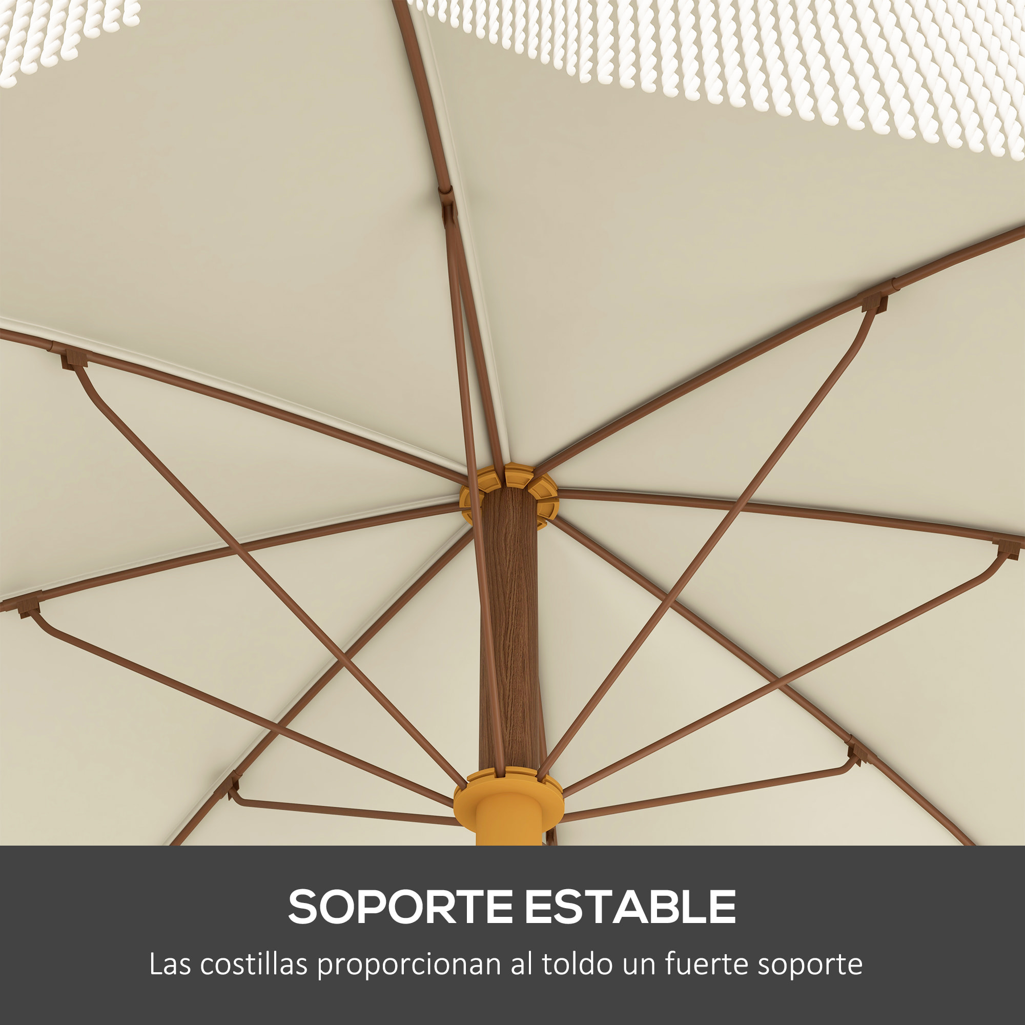 Sombrilla de Playa con Flecos Ø190x210 cm Parasol para Terraza con 8 Varillas Apertura Manual Anti-UV Impermeable y Bolsa de Transporte para Jardín Piscina Crema