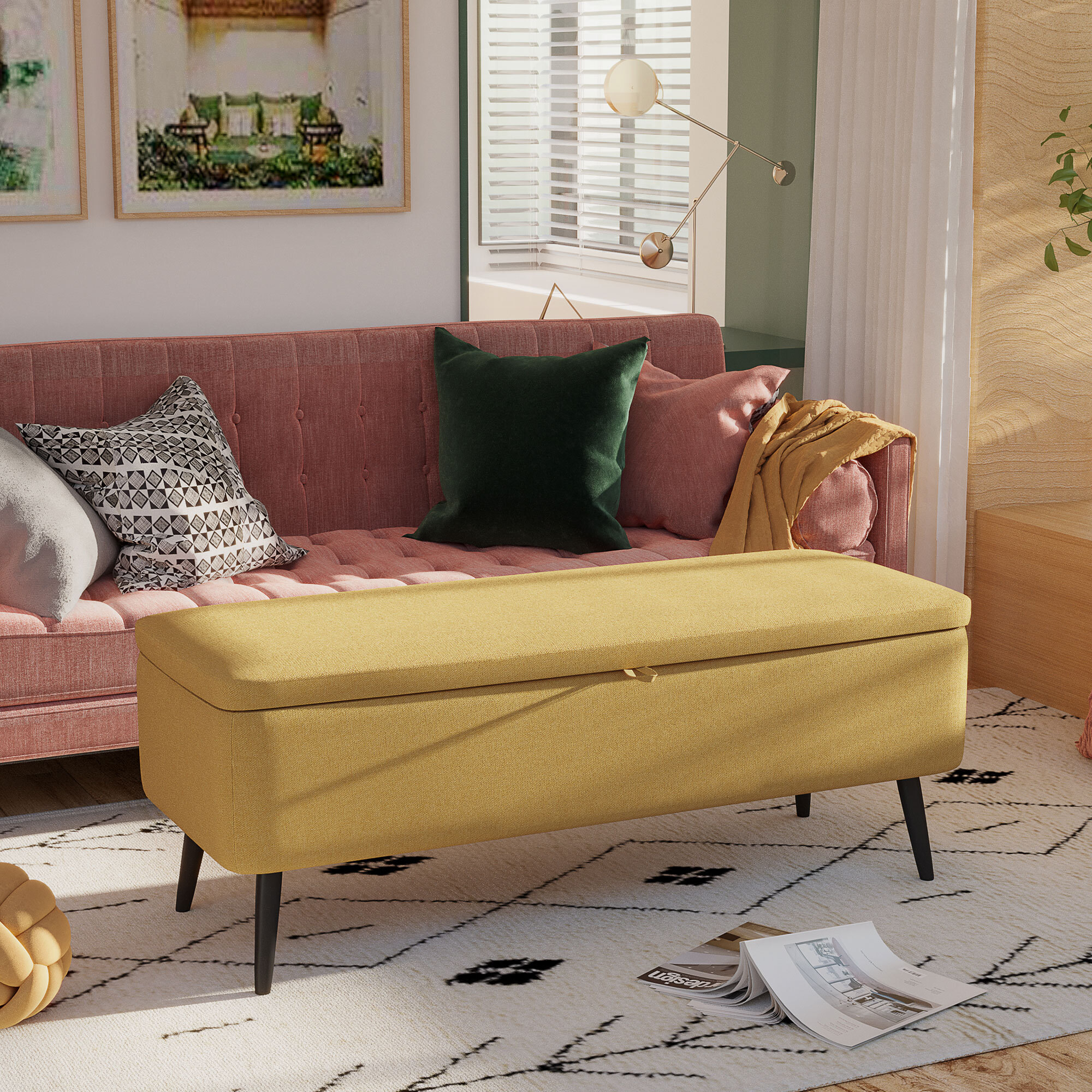 Banco de Almacenamiento Tapizado Lino con Tapa Abatible 102x40x39,5 cm Amarillo