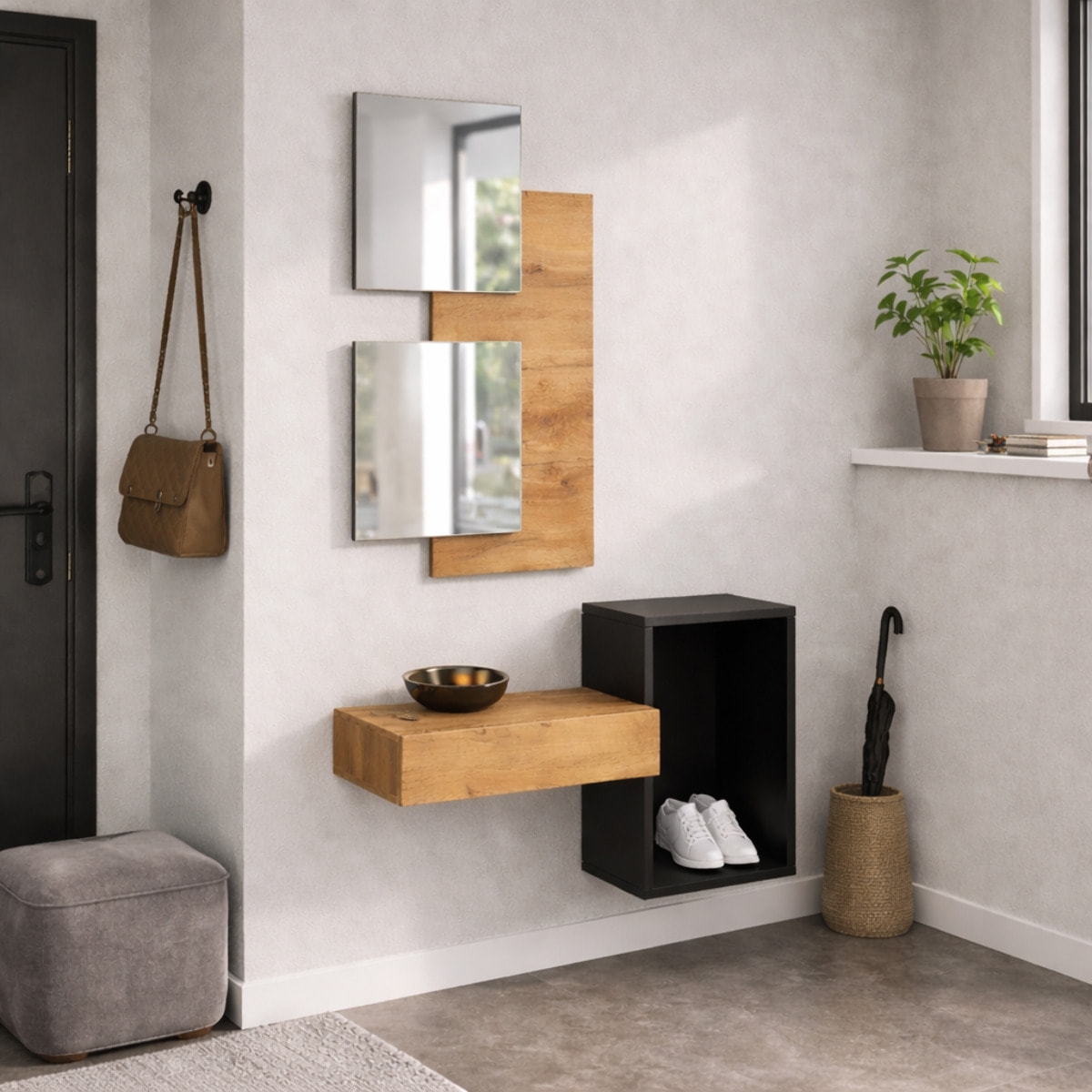 Set Mobile Ingresso Moderno Con Specchi Pensile A Giorno Mensola Con Cassetto Salvaspazio Mobile Da Parete 100 x 170 x 30 Cm Nero E Rovere