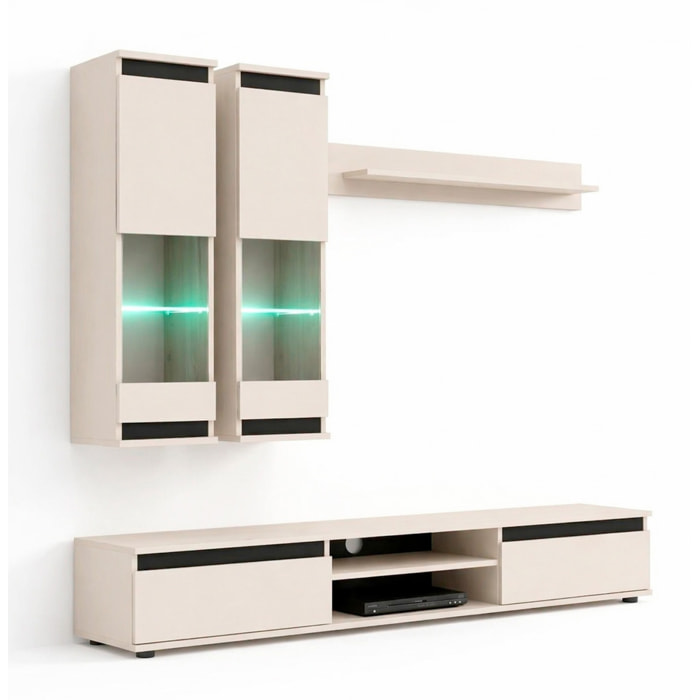 Parete Attrezzata Soggiorno Mobile Tv Vetrine Led Mensola Moderno Living Arredo Contenitore Vani Giorno Resistente 175x 150x 37 Cm Cashmere E Nero