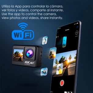 Camera Sportiva AT-S60 TR 4k 60fps con 24 mpx, doppio schermo da 2" e 1.3" con una moltitudine di accessori sportivi e WIFI.