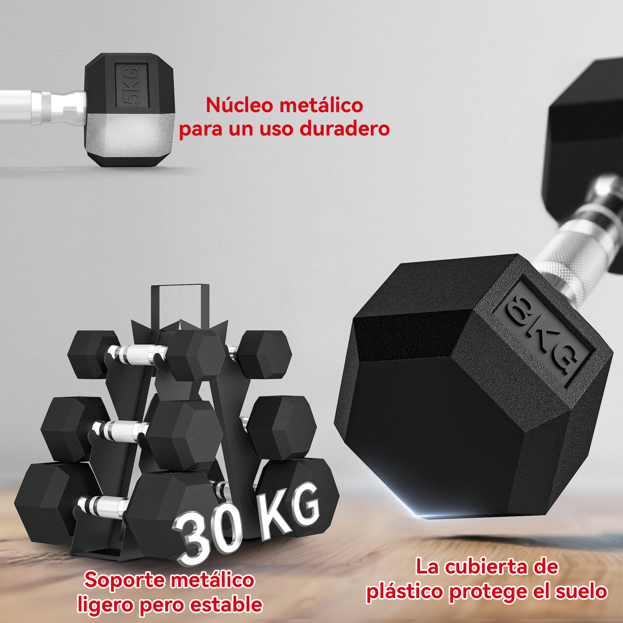 Juego de Mancuernas de 6 Piezas 2 x2 kg 2 x5 kg 2 x8 kg Mancuernas Hexagonales con Revestimiento de Goma Antideslizante y Soporte de Almacenamiento para Entrenamiento en Casa Gimnasio Negro