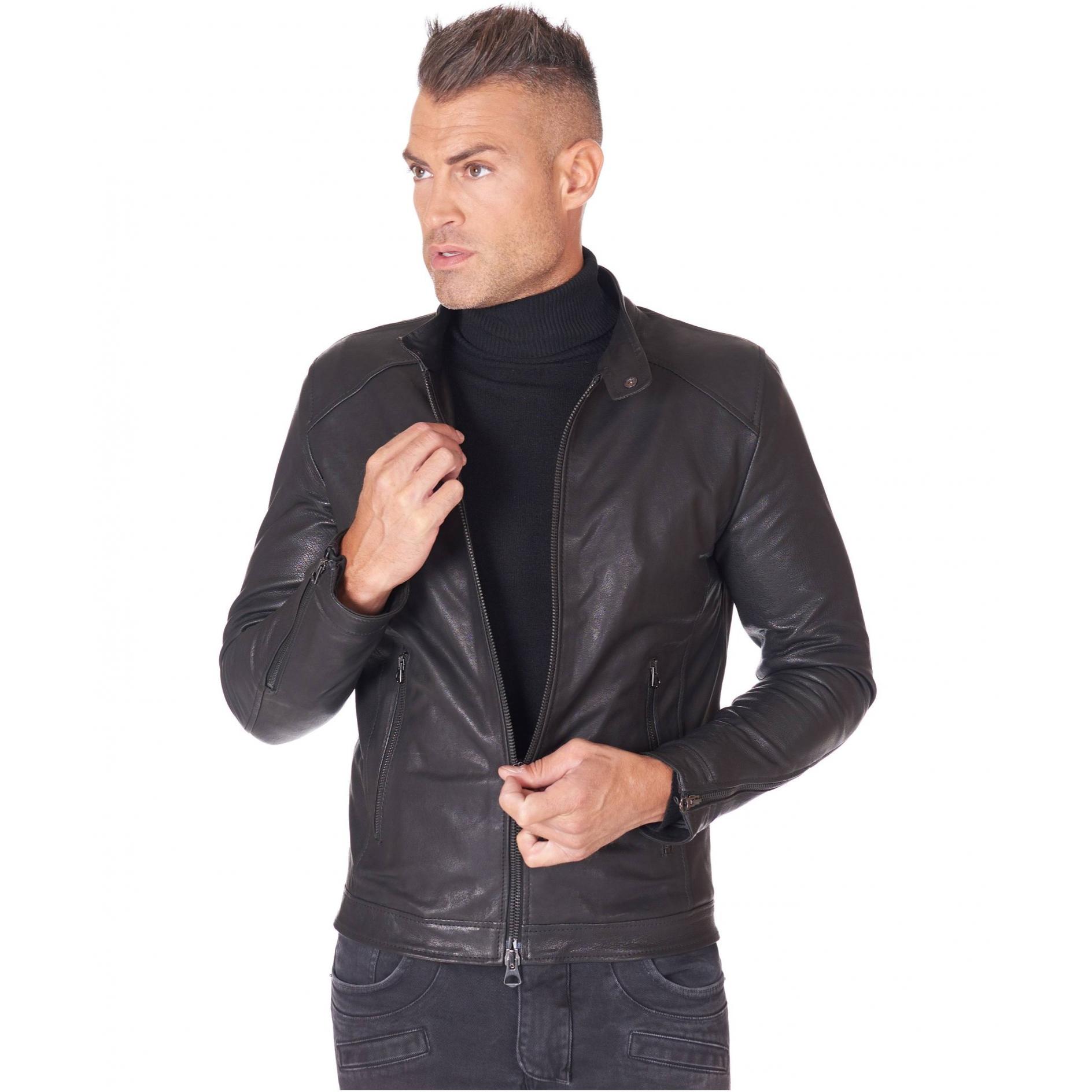 Giubbotto biker in pelle naturale nera collo coreana