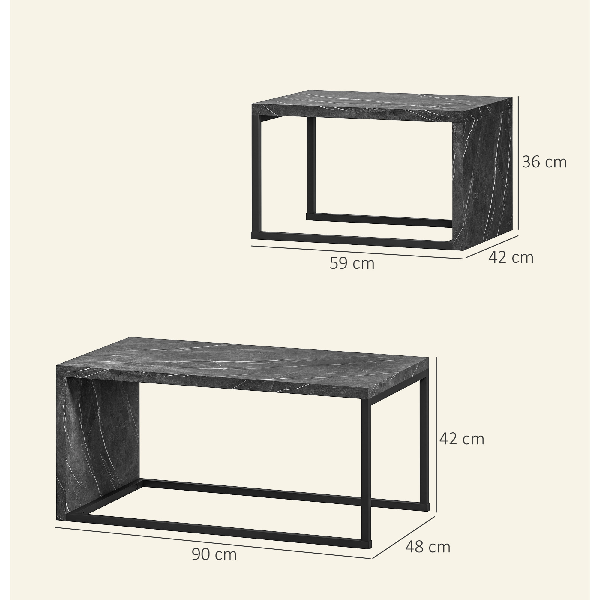 Lot de 2 tables basses gigognes design industriel encastrable dim. grande table 90L x 48l x 42H cm métal noir effet marbre gris