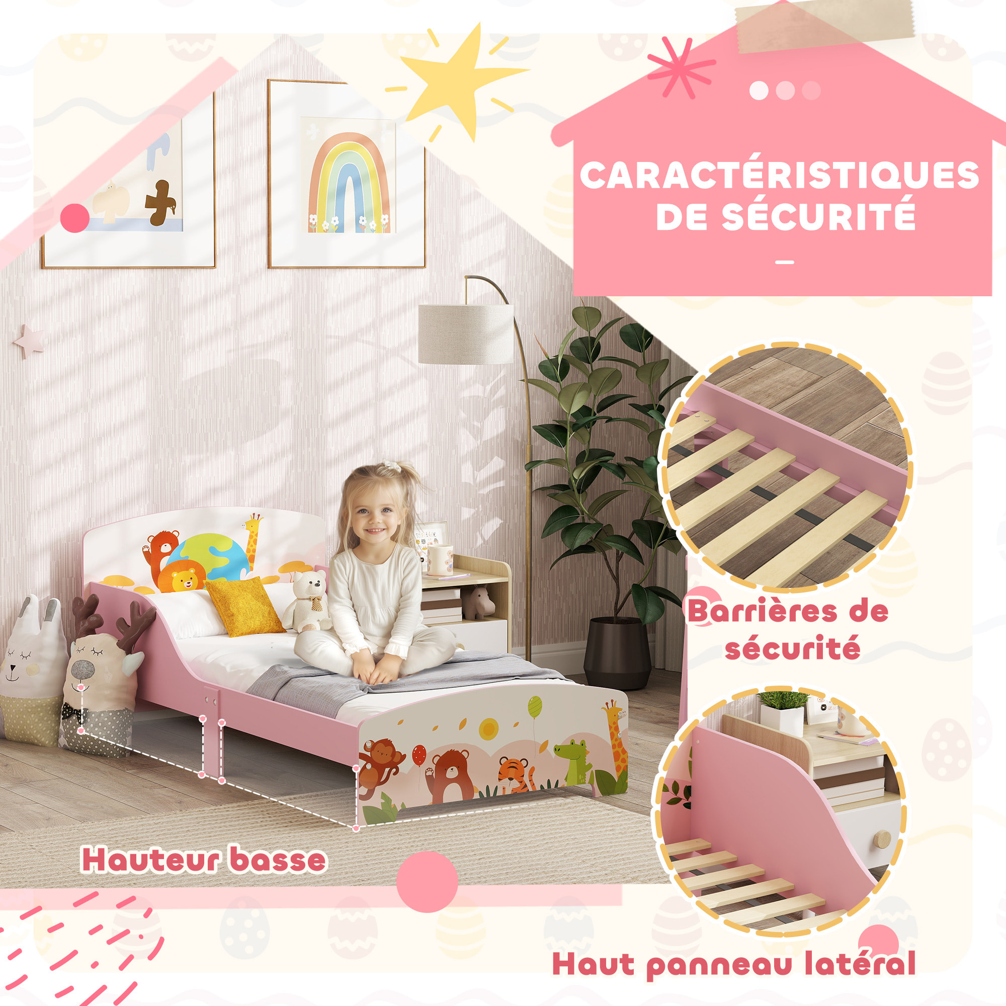 Lit enfant - lit d'enfant design animaux - sommier à lattes inclus - MDF contre-plaqué rose