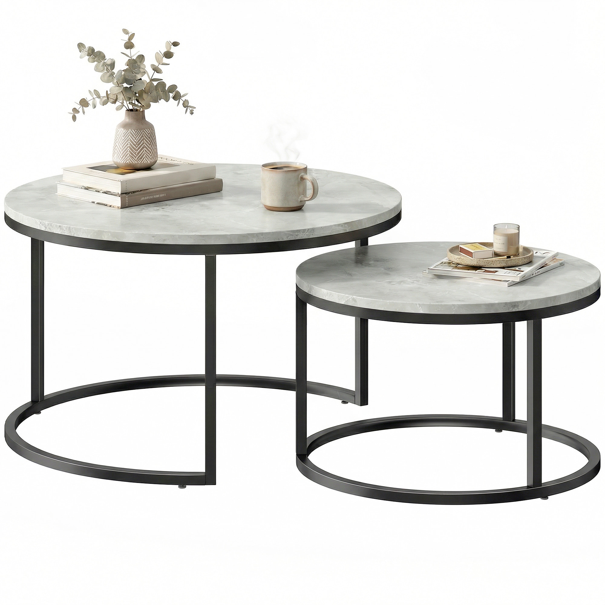 Tables gigognes rondes lot de 2 métal effet marbre gris