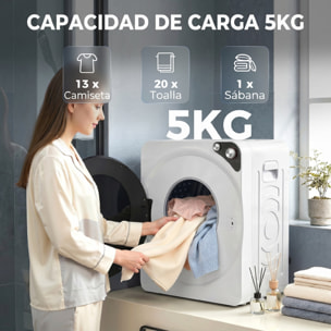 Secadora de Ropa 5 kg, Secadora de Evacuación Compacta 1000W, 5 Programas, Temporizador, Función Esterilizar, Tambor de Acero Inoxidable, Apilable o para Piso, Blanco