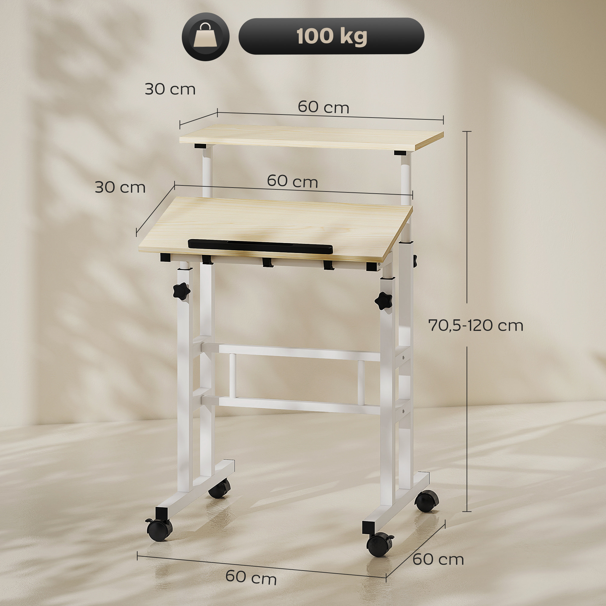 Bureau assis debout inclinable réglable H.70,5-120 cm mobile 2 plateaux métal blanc effet bois clair