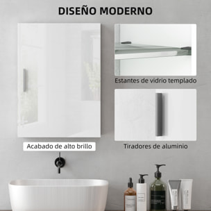 Armario de Baño Pared, Mueble de Baño Colgar con Estantes Ajustables de Vidrio Templado, Ahorro de Espacio, para Entrada, 40x15x55 cm, Blanco Brillo