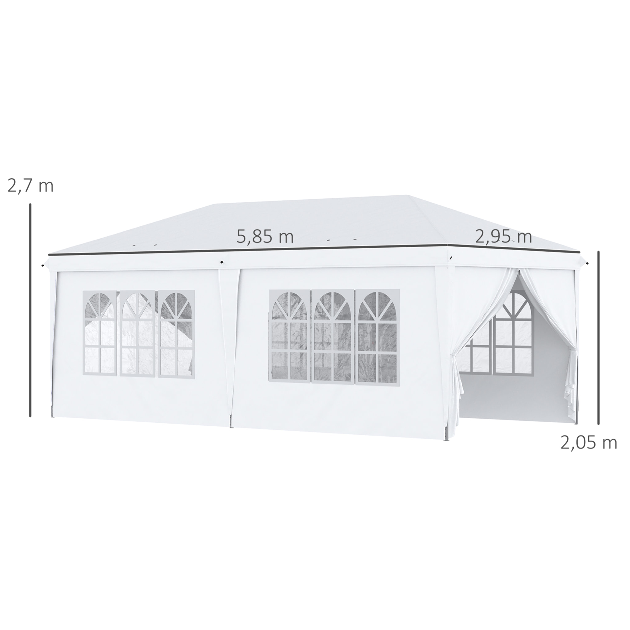 Tonnelle barnum pliant pop-up 5,85L x 2,95l x 2,7H m 6 parois latérales amovibles 4 fenêtres + sac de transport blanc
