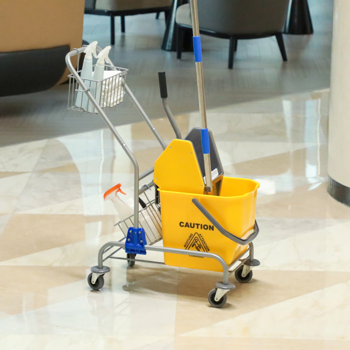 Chariot de lavage chariot de nettoyage professionnel en acier presse à mâchoire seau + rangements jaune