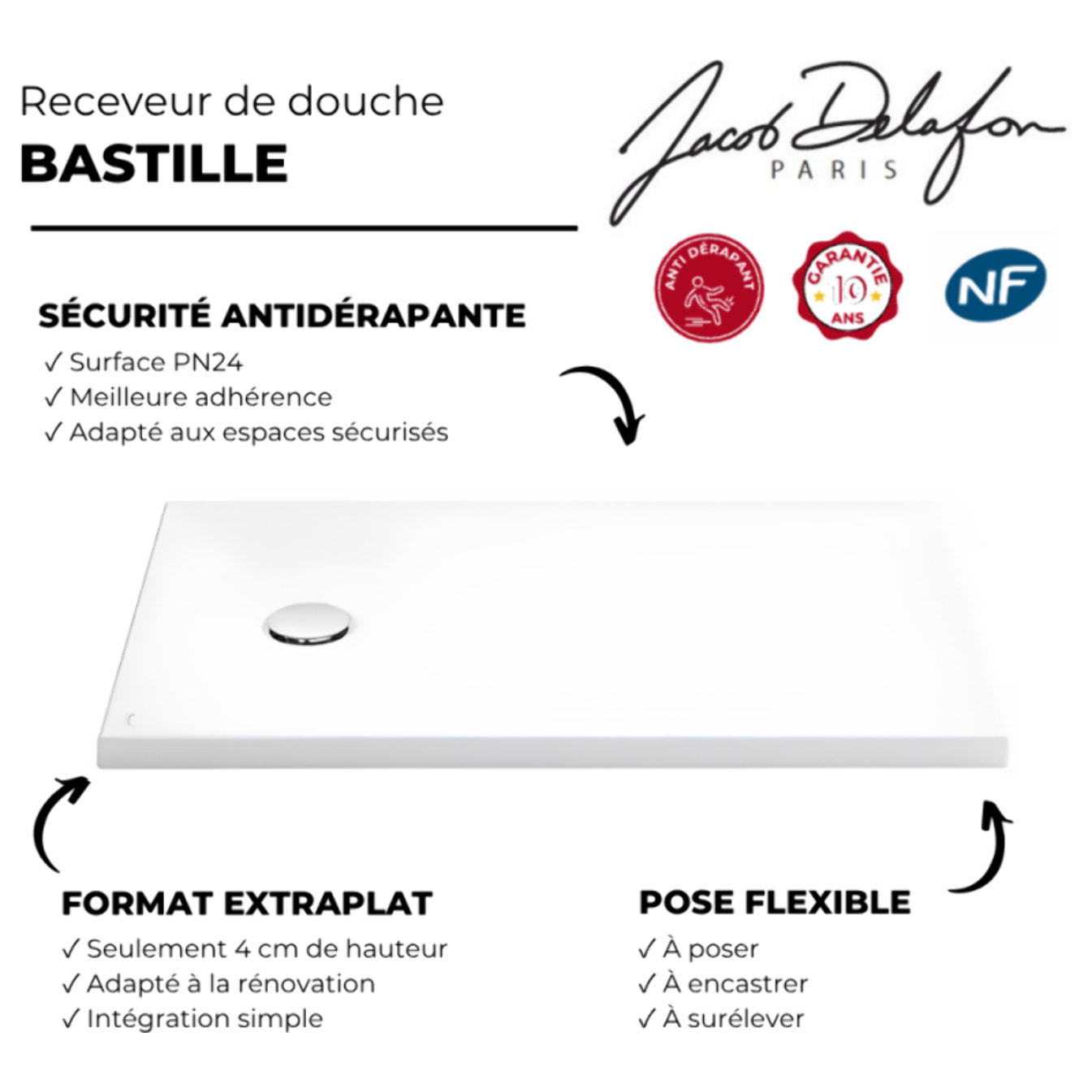 Receveur de douche antidérapant 90 x 90 cm Bastille céramique