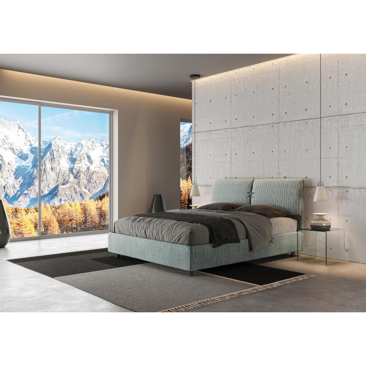 Letto matrimoniale senza rete imbottito 160x210 tessuto Aragona 7 azzurro Mados