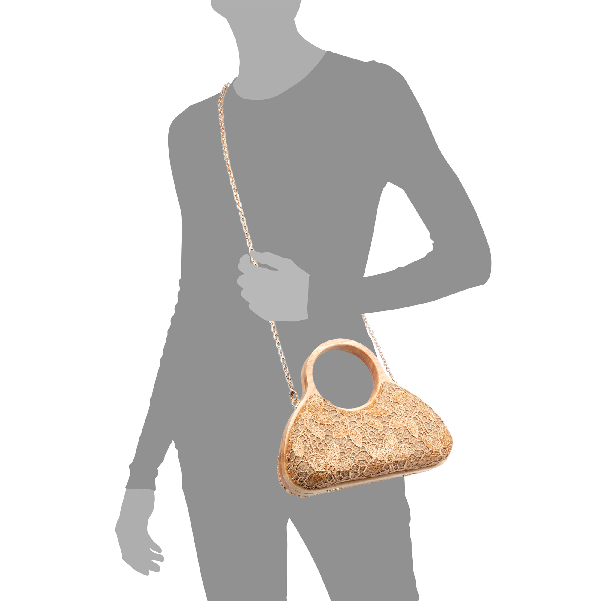 Avisio bolso de mano fabricado en madera natural, algodón y jute con diseño malla de tejido floral