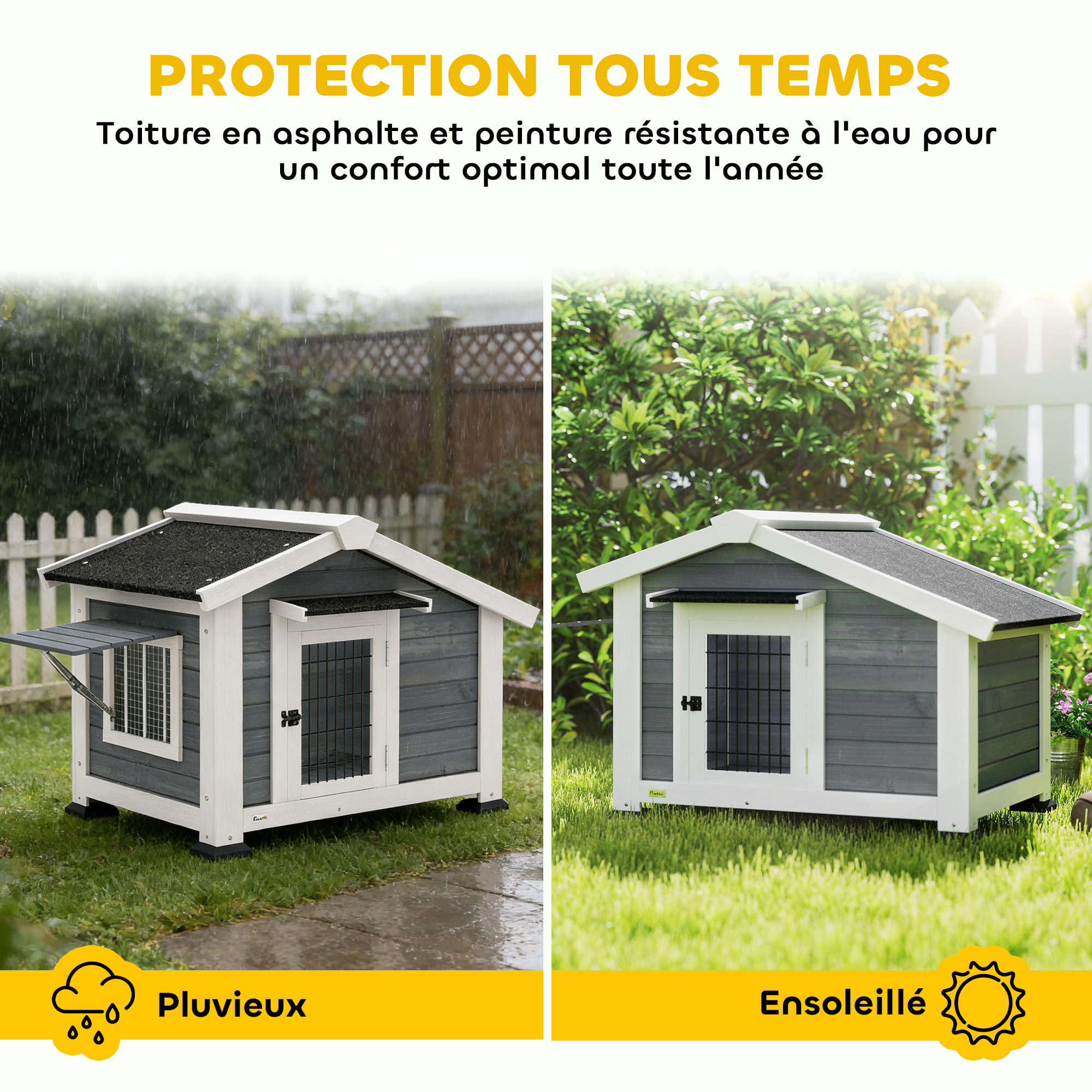 Niche chien bois sur pieds - porte verrouillable, fenêtre volet - marquise et toit bitumé