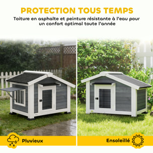 Niche chien bois sur pieds - porte verrouillable, fenêtre volet - marquise et toit bitumé