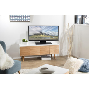 ISIDORE - Meuble TV 4 portes bois clair et blanc