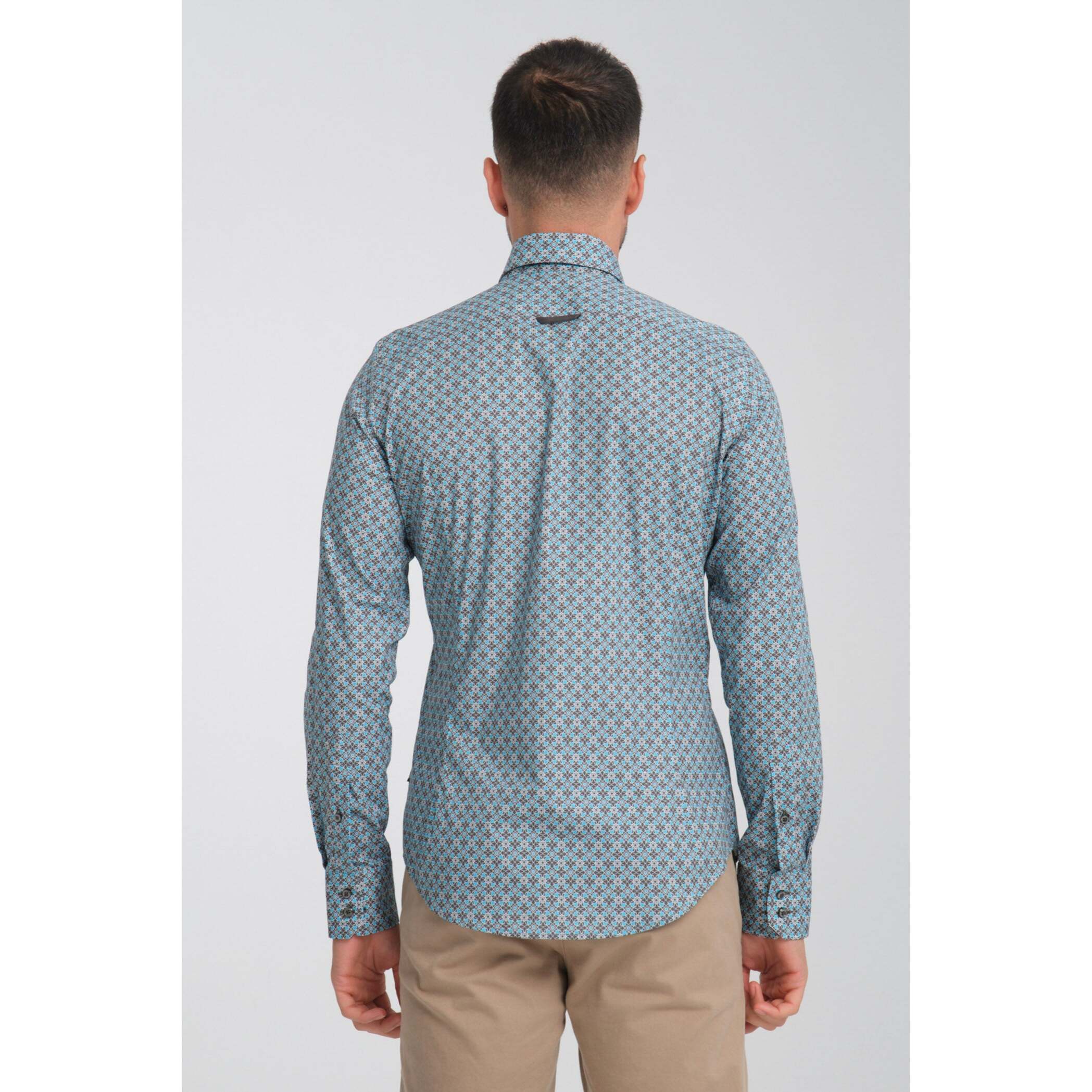 Camicia Uomo 2 Bottoni Button Down Slim Popeline Stretch Stampato Piombo Turchese Chiaro
