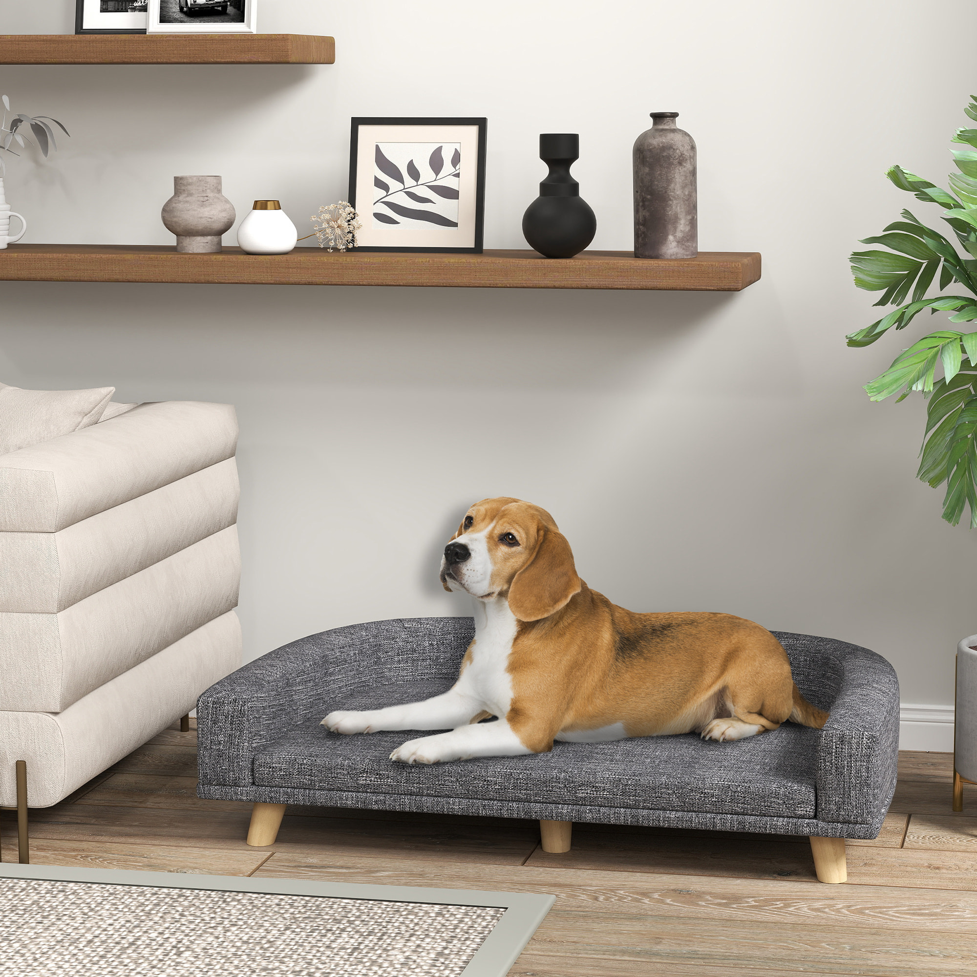 Sofá para Perros Grandes, 98x67x25 cm, Cama Elevada para Perros Tapizada con Cojín Lavable y Patas de Madera de Pino, Carga 40 kg, Gris Oscuro