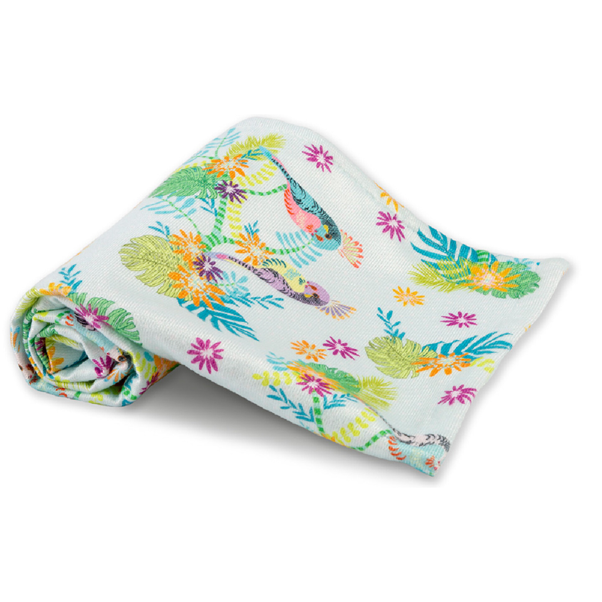 Serviette eponge enfant coton mélangé 340 g/m² imprimé bleu Perruches print aqua