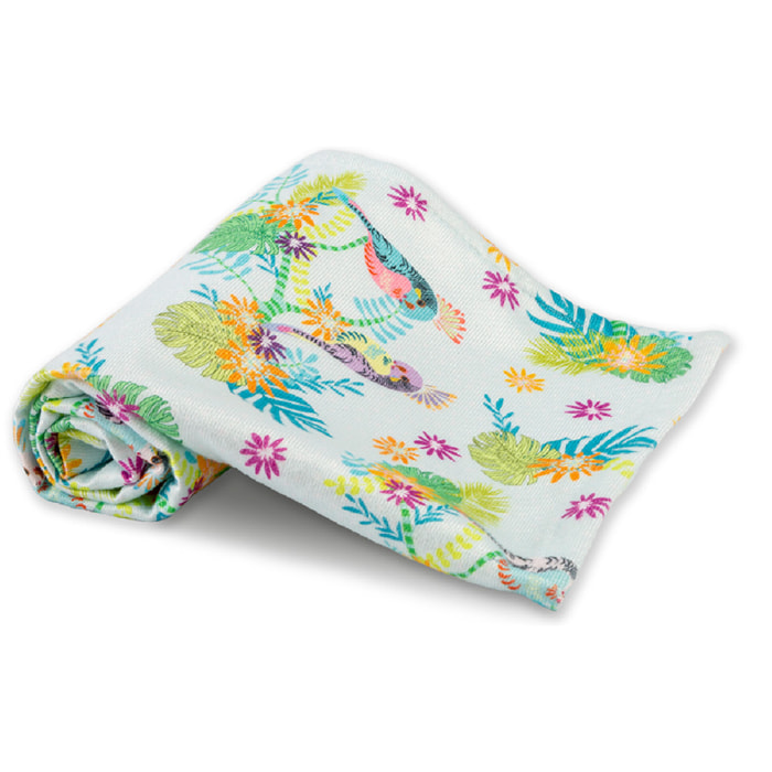 Serviette eponge enfant coton mélangé 340 g/m² imprimé bleu Perruches print aqua