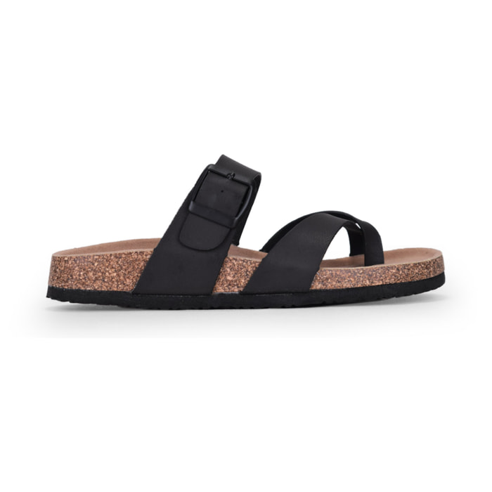 Sandalias de dedo planas negras con suela de corcho