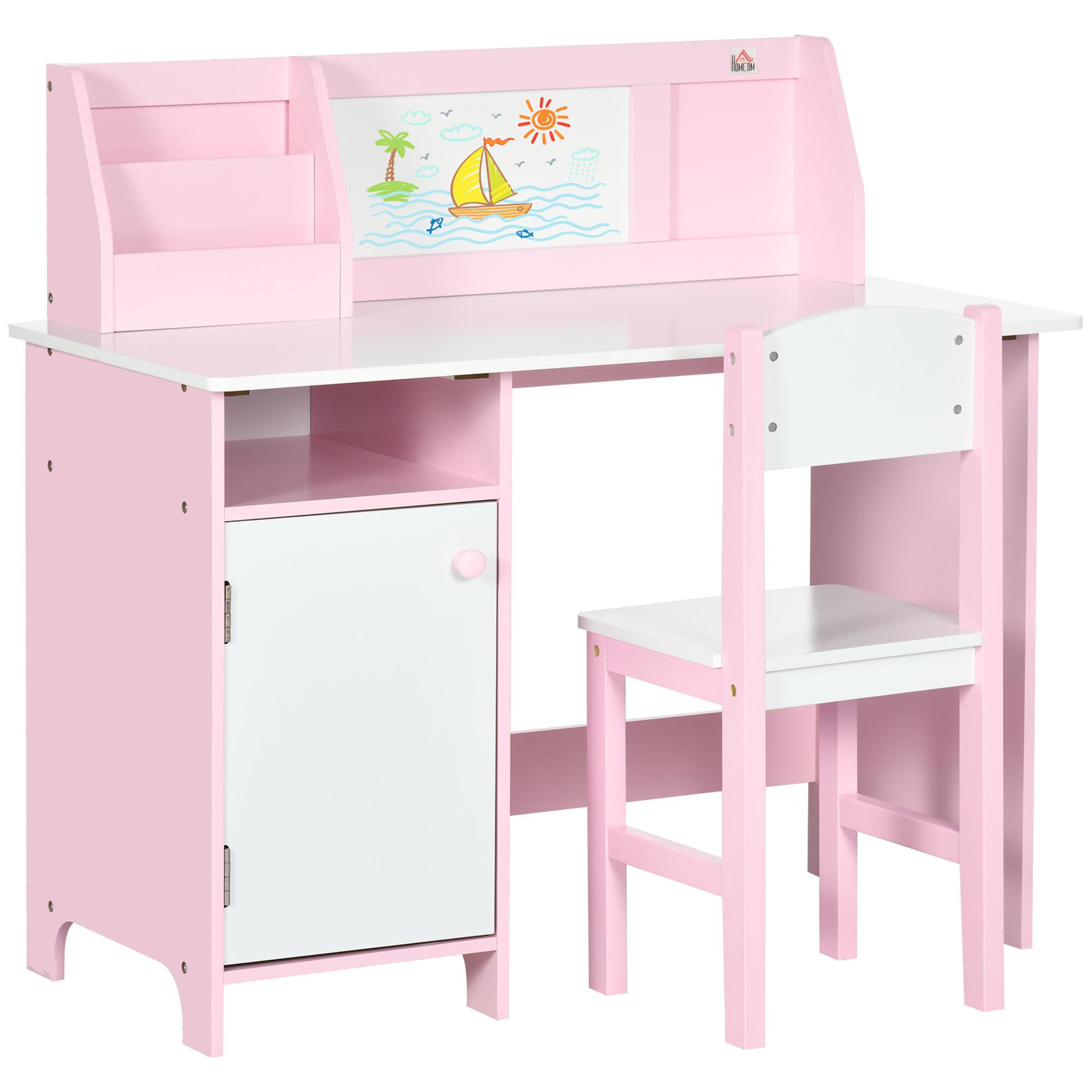 Juego de Mesa y Silla Infantil de Madera con Pizarra Blanca 90x45x85 cm Rosa