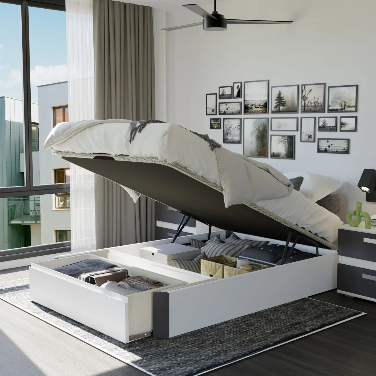 Canapé con cajón frontal en blanco y grafito 135x190 cm Luxury Max 3D Blanco - Grafito