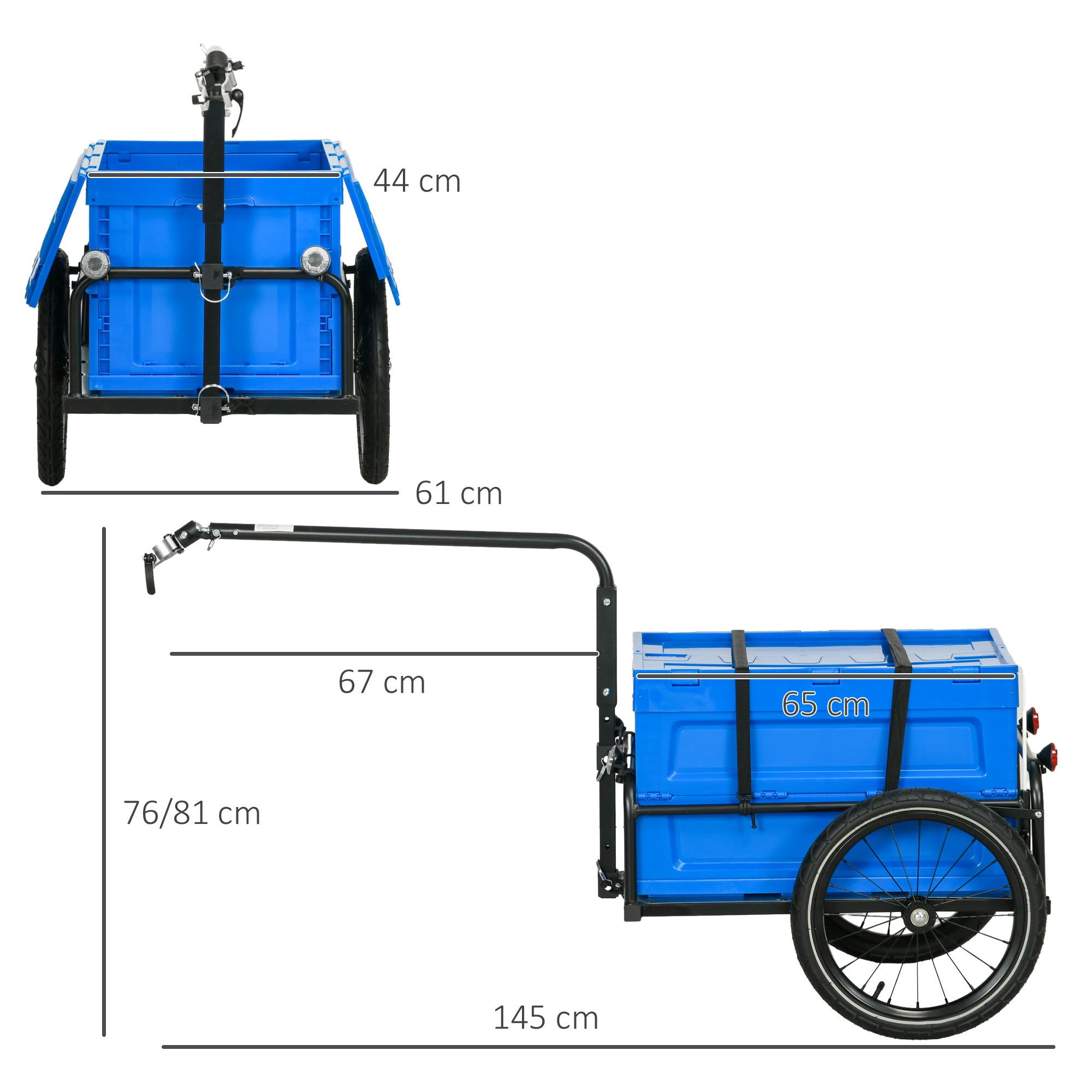 Remolque para Bicicleta de Carga Carro para Bicicleta con Caja de Almacenamiento Plegable Mango Ajustable y Reflectores Seguros Carga 40 kg Capacidad 65 L Azul