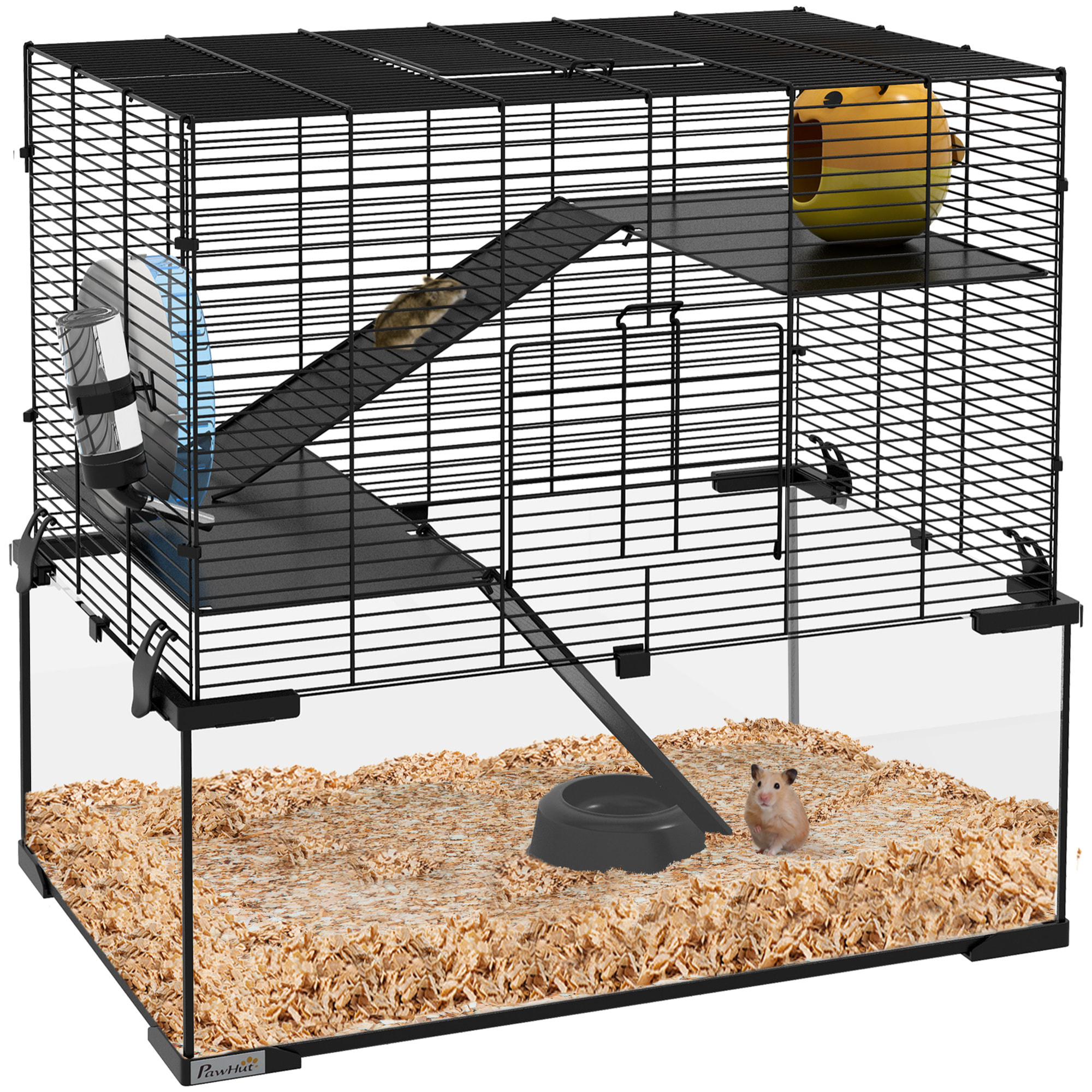 Cage rongeur hamster, 3 niveaux avec roue, rampes, maisonnette, abreuvoir, mangeoire, 60L x 40l x 57H cm, noir