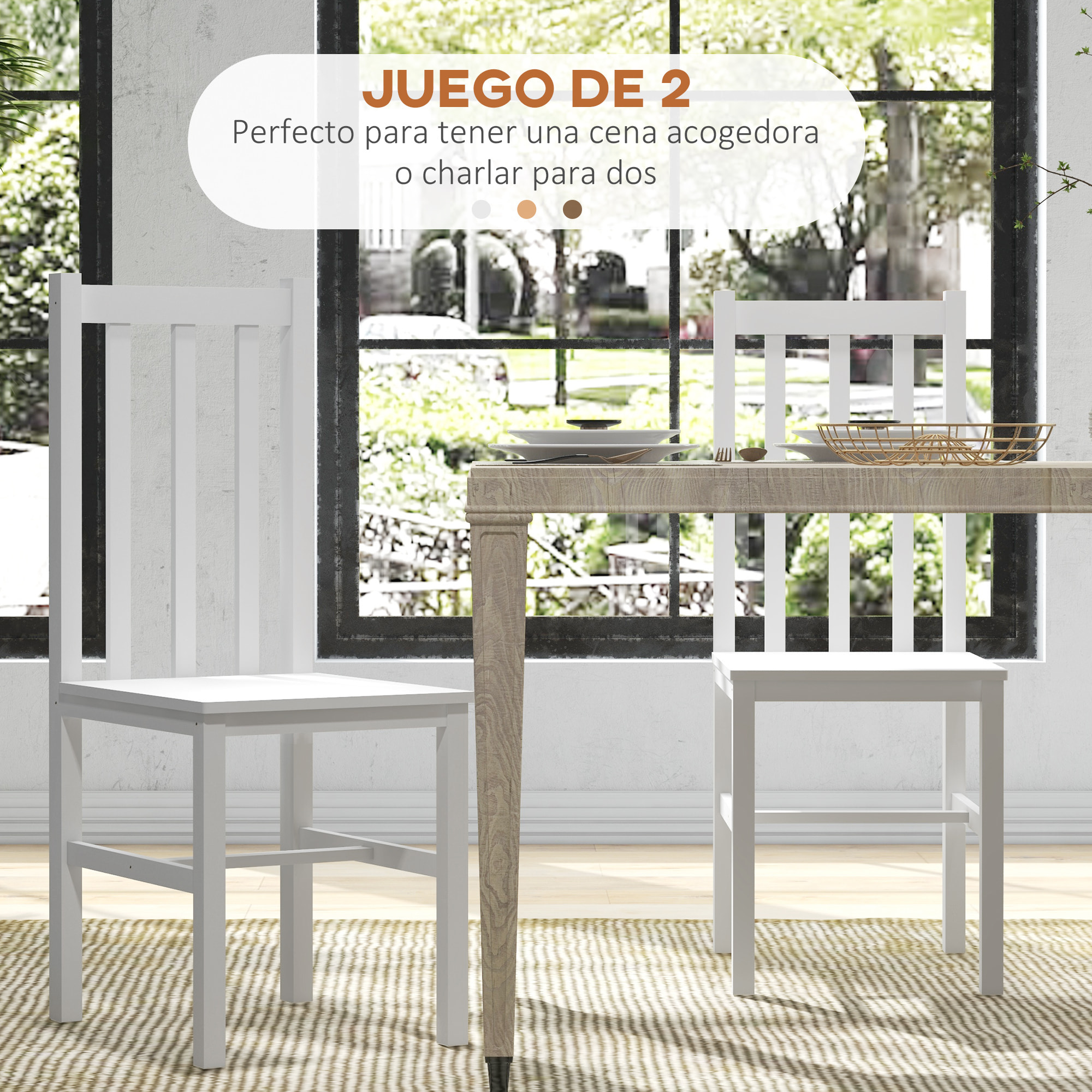Juego de 2 Sillas de Comedor de Madera de Pino, Sillas de Cocina con Respaldo Alto de Listones, para Comedor, Salón, Blanco