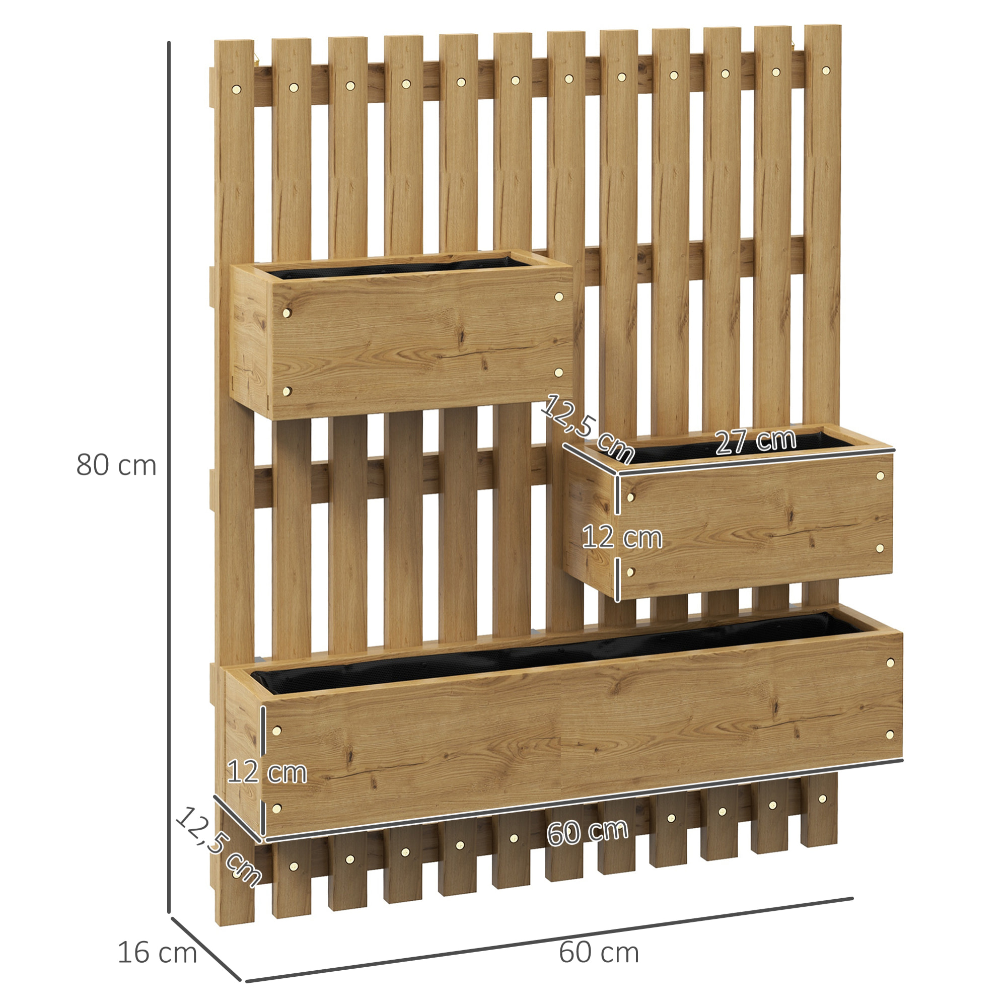 Jardinière murale avec treillis - lot de 3 jardinières murales - dim. 60L x 16l x 80H cm - bois sapin carbonisé