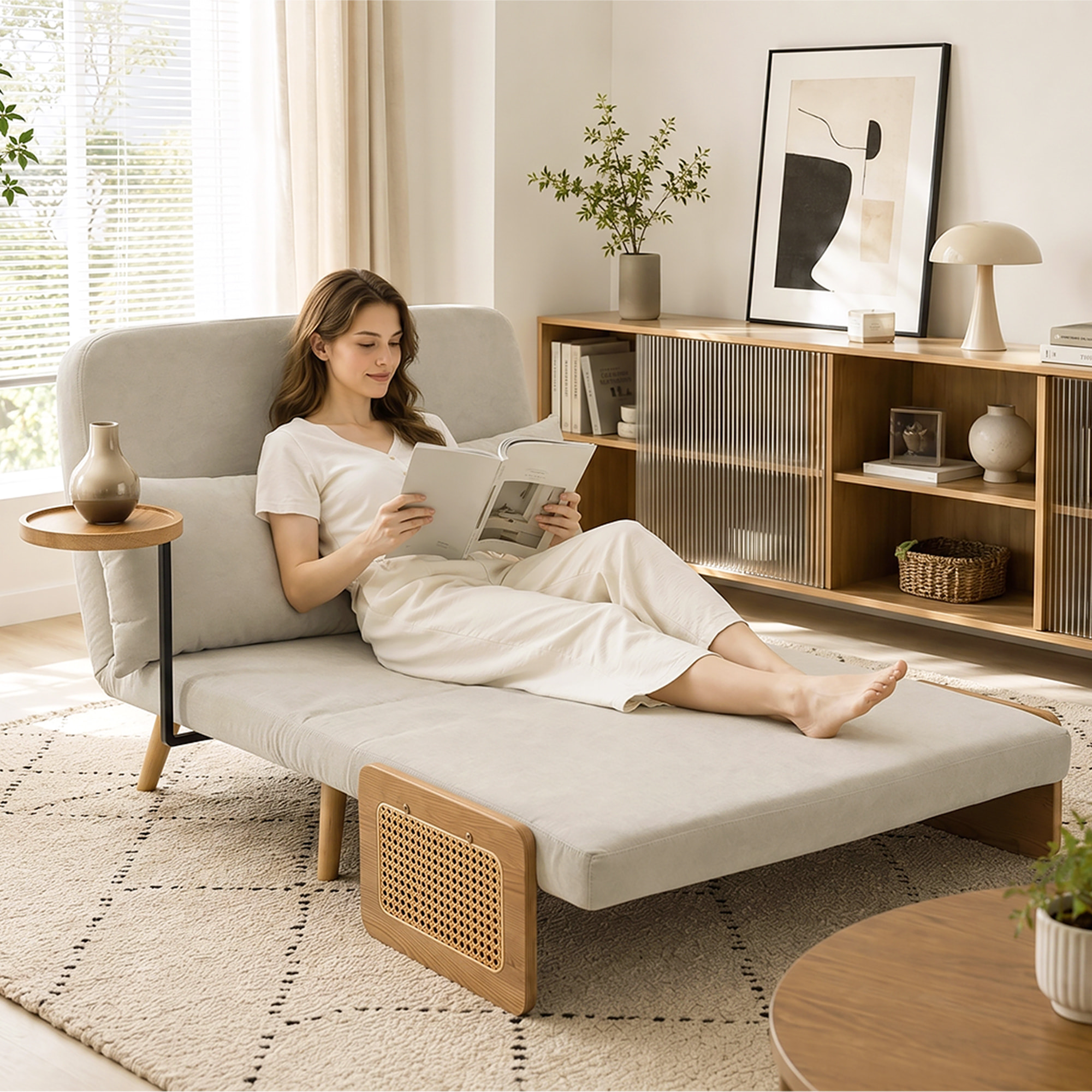 Sofá Cama 2 Plazas Convertible, 3 en 1, Sofá Cama Plegable, Tapizado Chenilla, Respaldo Ajustable, Mesa Lateral de Madera, 2 Almohadas con Funda Lavable, para Salón, 131x78x82 cm, Blanco Crema