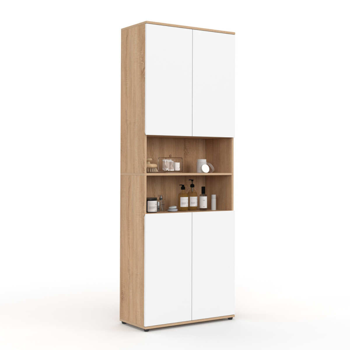 Armoire salle de bain Tom effet hêtre 4 portes blanches
