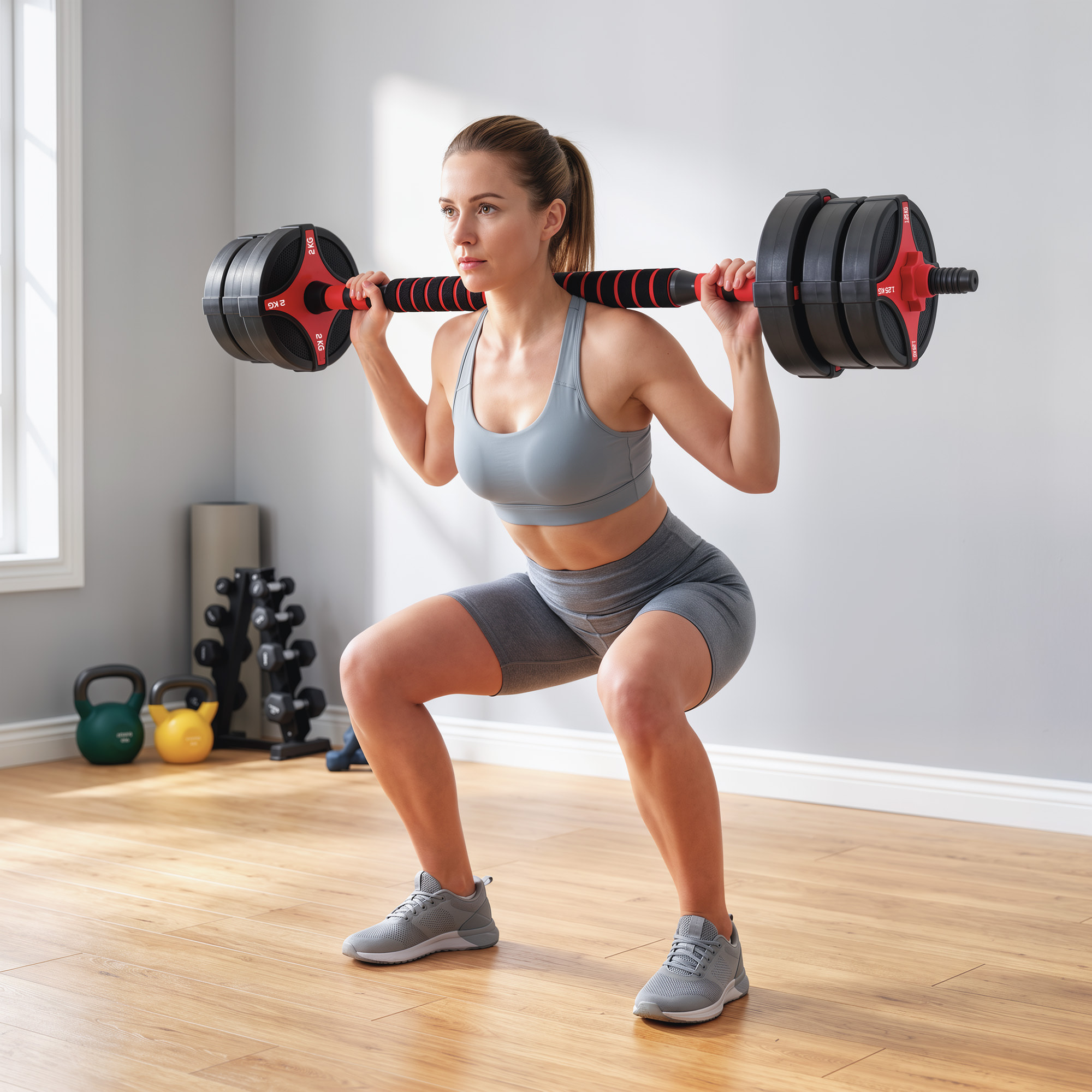 Juego de Mancuernas Ajustables 5 en 1 20kg, Juego de Pesas como Kettlebell, Barra, Mancuernas o Soporte para Flexiones, Equipo de Fitness para Hombres y Mujeres, Casa Gimnasio, Negro y Rojo