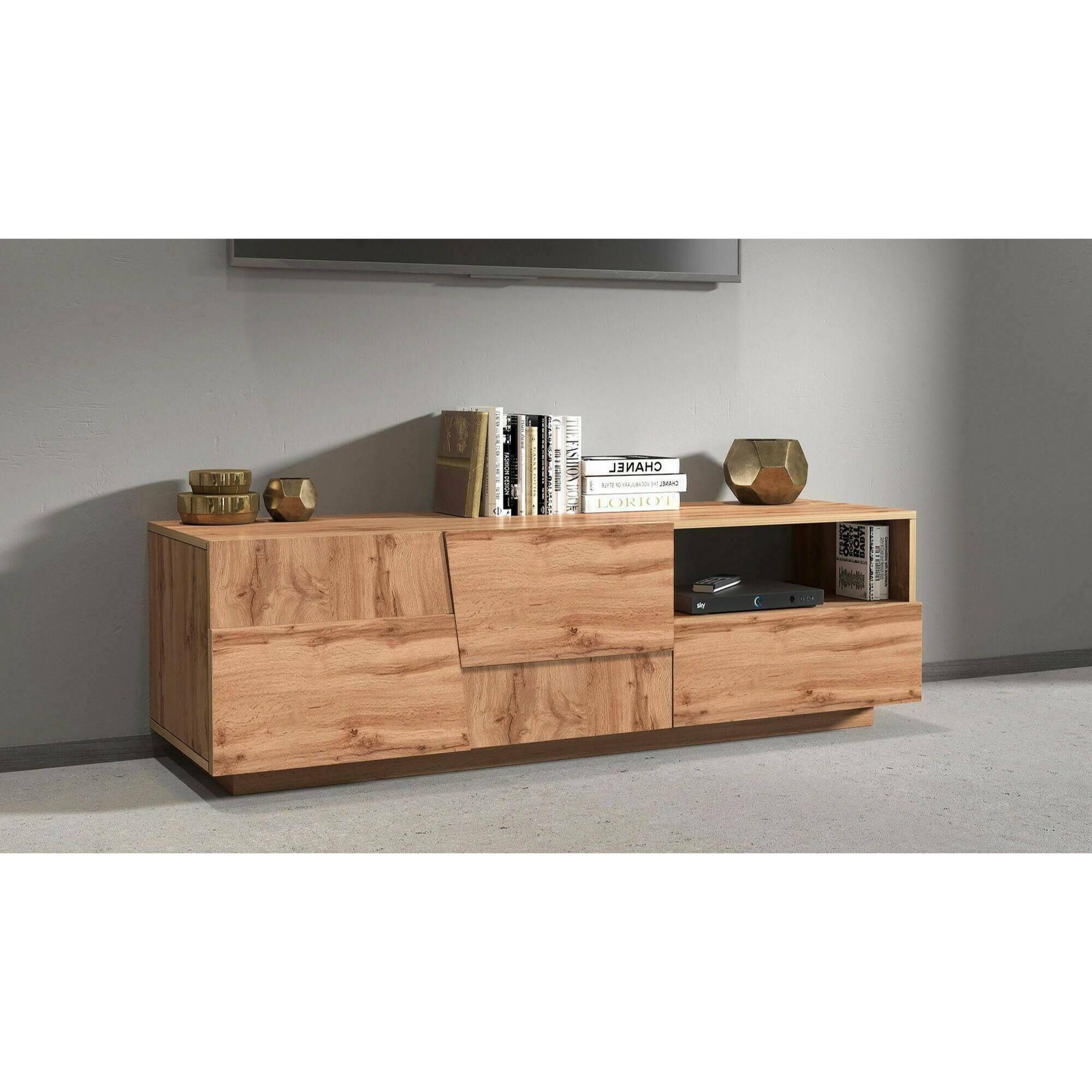 Mobile porta TV Dcoulibal, Credenza bassa da soggiorno con 2 ante e 1 cassetto, Base porta TV, 150x44h46 cm, Rovere