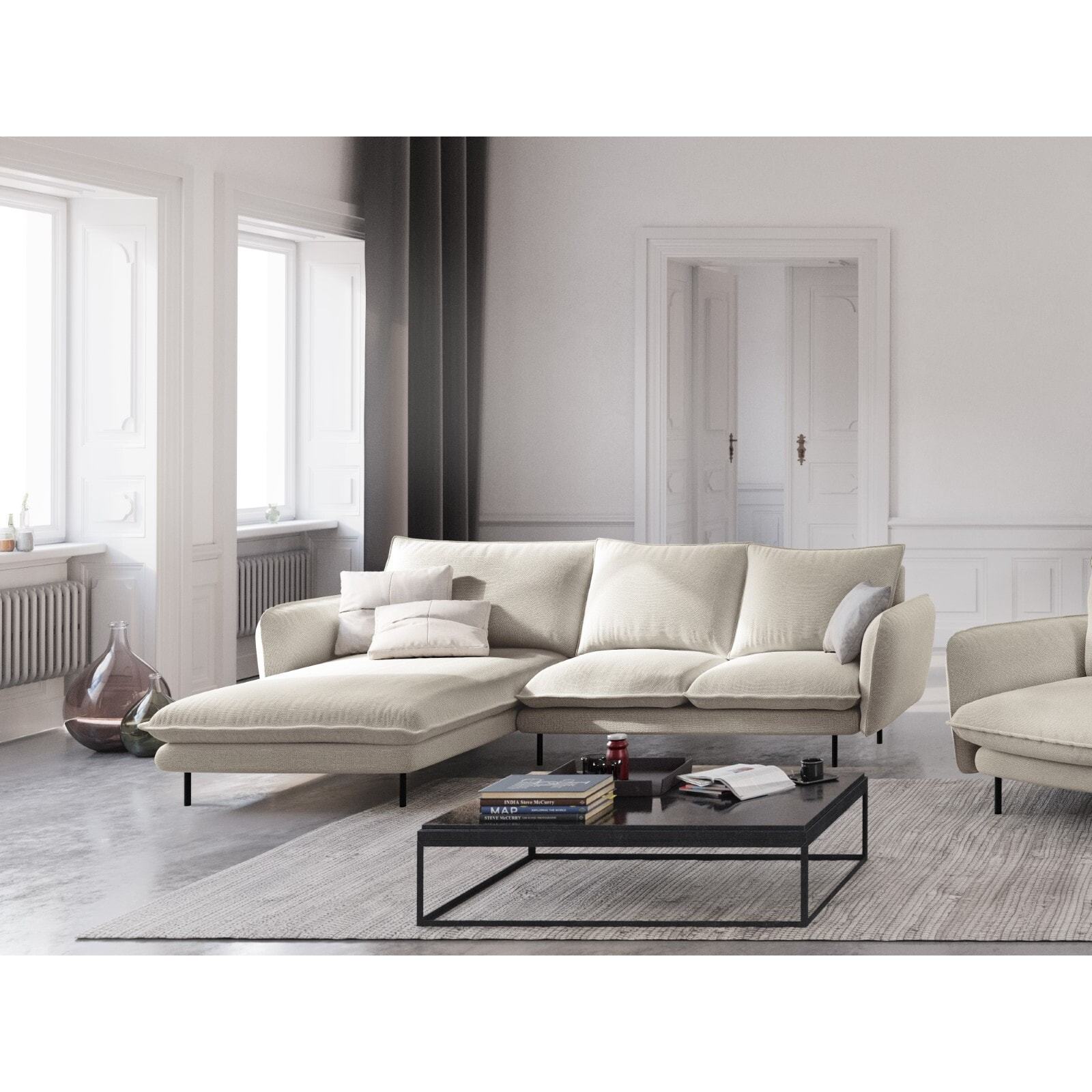 Canapé d'angle gauche "Vienna" 5 places en tissu structurel beige clair