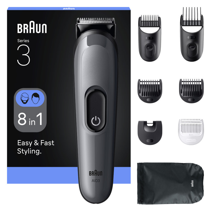 Braun Tondeuse Tout-En-Un Series 3, Kit De Rasage 8-En-1, Lame Affûtée, 14 Longueurs, AIO3540, Gris